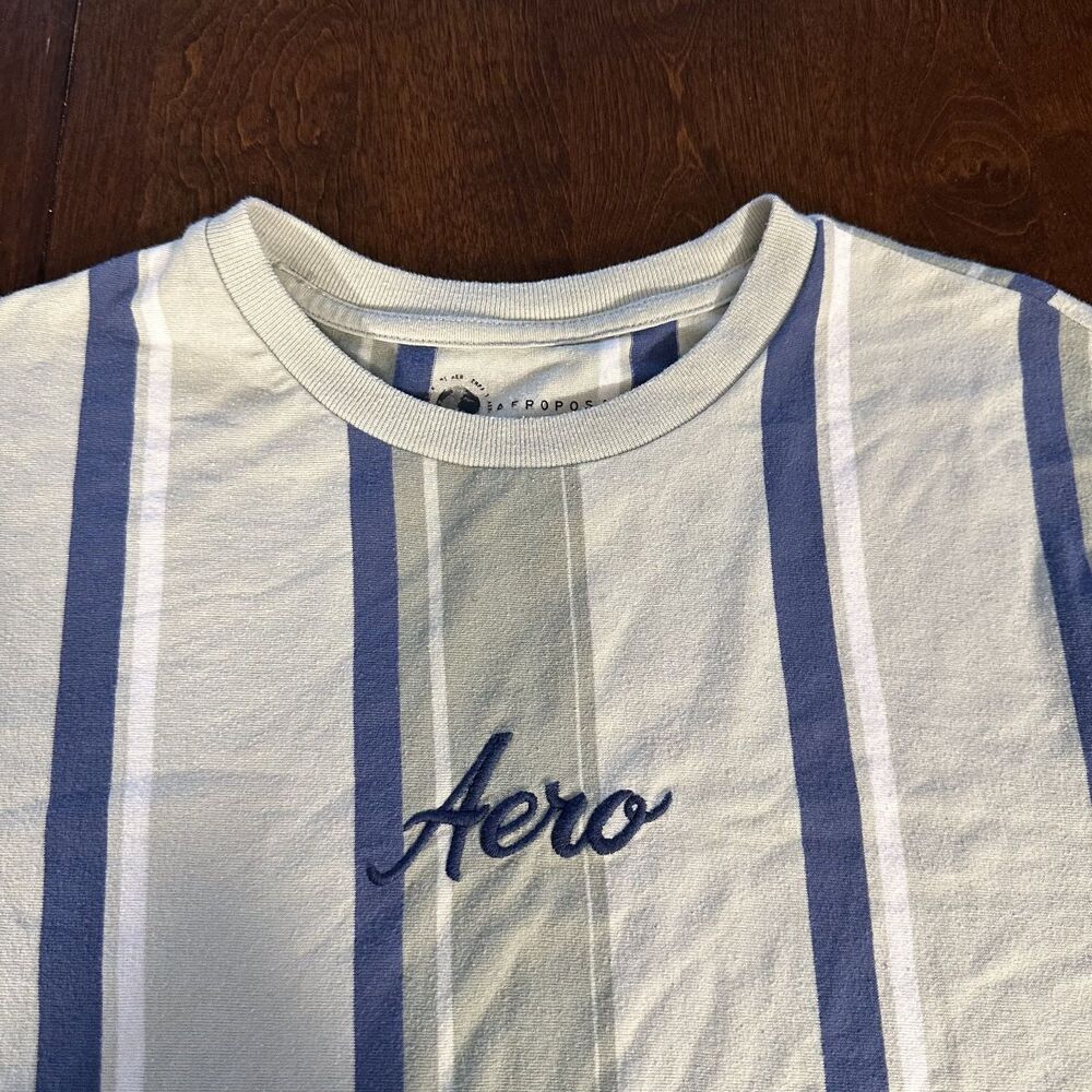 Aeropostale Men's M Vertical Striped T-Shirt Green Navy Embroidered Aero Script